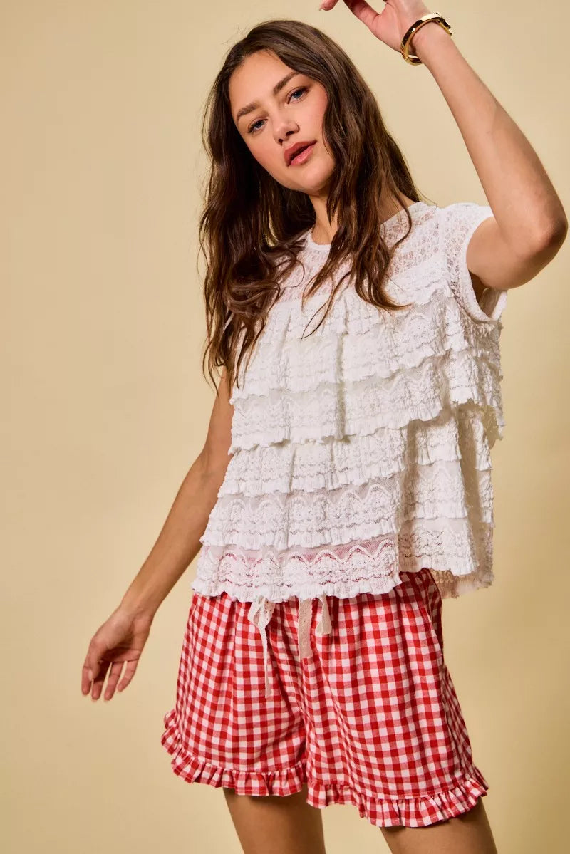 SO ME Ruffle Tiered Stretch Lace Short Sleeves Knit Top - Sleekdenim.com