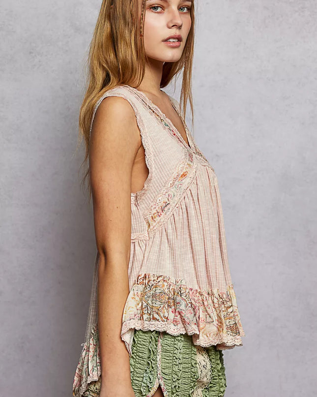 POL Lace Detail Ruffled Ribbed Sleeveless Top with Floral Pattern Trim Detail - Sleekdenim.com