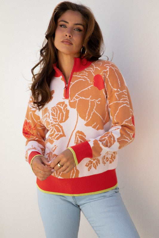 Floral Half Zip Collared Pullover Sweater - Sleekdenim.com