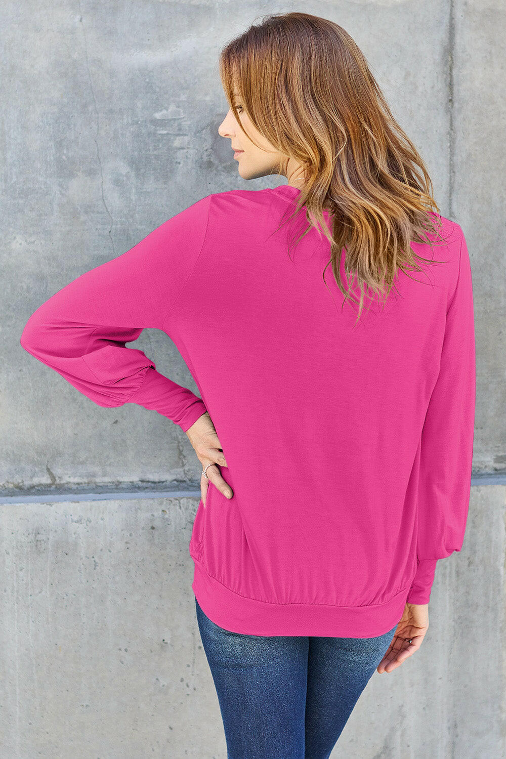 Basic Bae Full Size V-Neck Lantern Sleeve Top Hot Pink