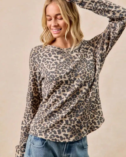 BiBi Leopard Print Washed Waffle Thermal Top with Thumb - Sleekdenim.com