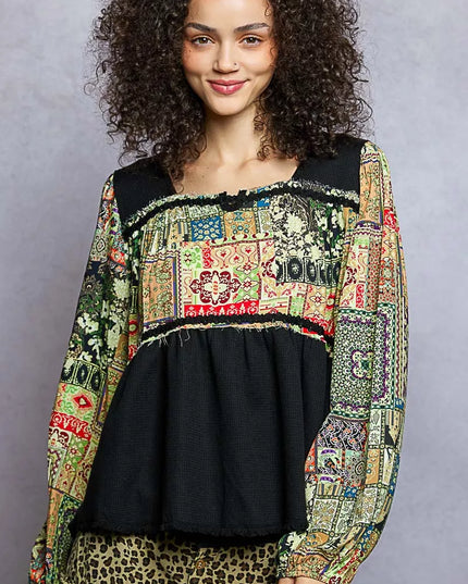 POL Balloon Sleeve Peplum Blouse with Trim Detail - Sleekdenim.com