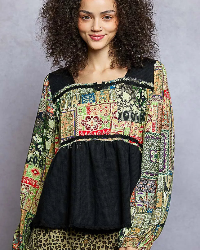 POL Balloon Sleeve Peplum Blouse with Trim Detail - Sleekdenim.com