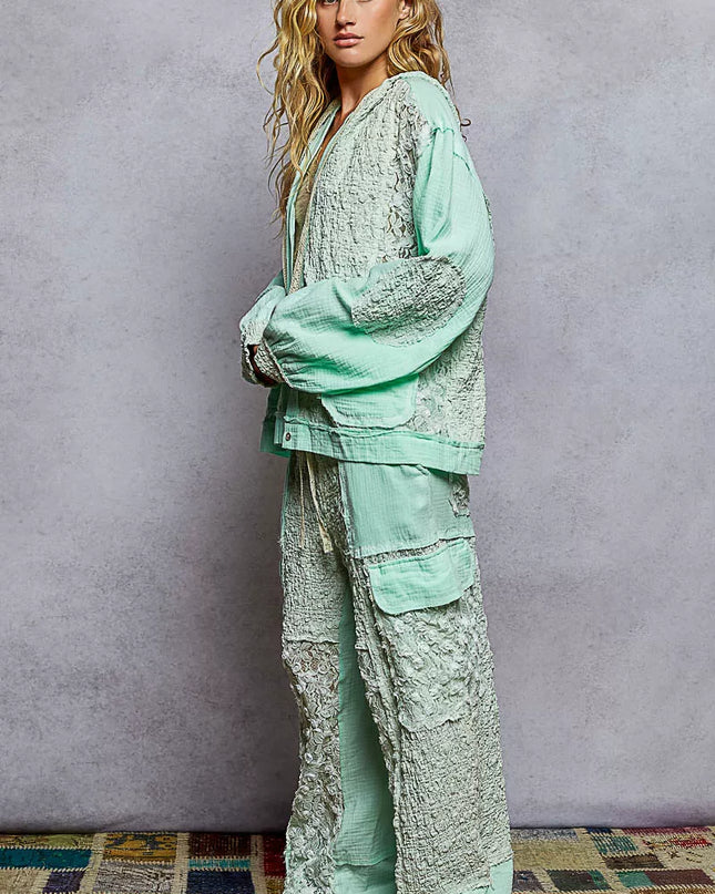 POL Exposed Seam Button Down Hooded Jacket with Lace Detail - Sleekdenim.com