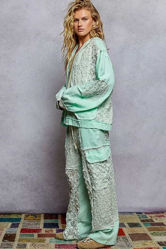 POL Exposed Seam Button Down Hooded Jacket with Lace Detail - Sleekdenim.com