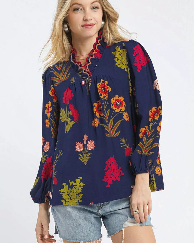 Umgee Flower Print Blouse with Scalloped Neckline - Sleekdenim.com