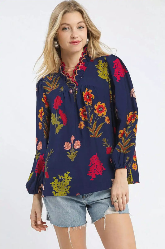 Umgee Flower Print Blouse with Scalloped Neckline - Sleekdenim.com