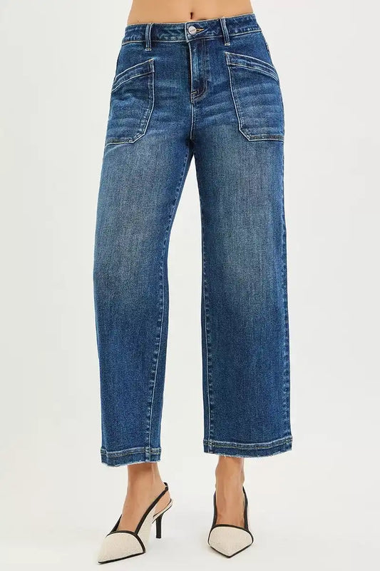 RISEN Slouchy Cropped Baggy Jeans with Front Patch Pockets PWC21491