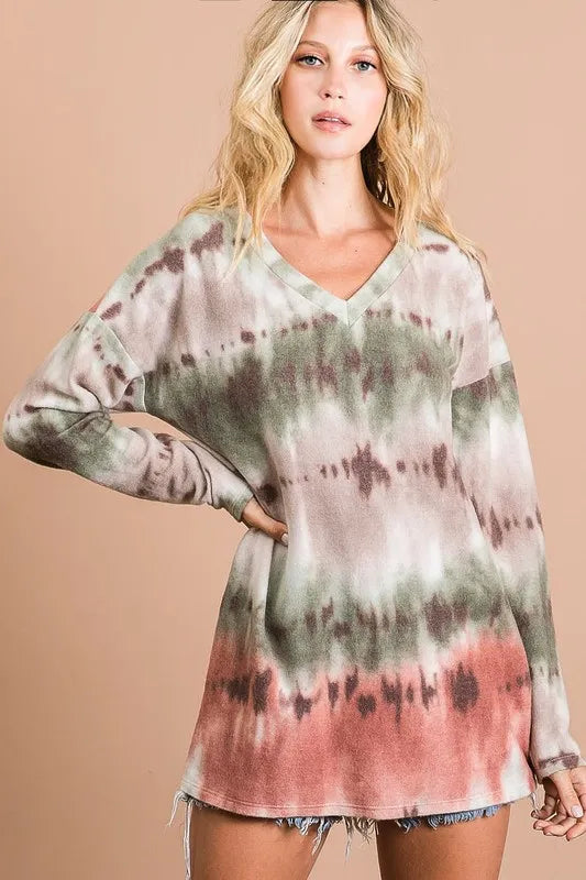 BiBi Brushed Tie Dye Looking Print V Neck Top - Sleekdenim.com
