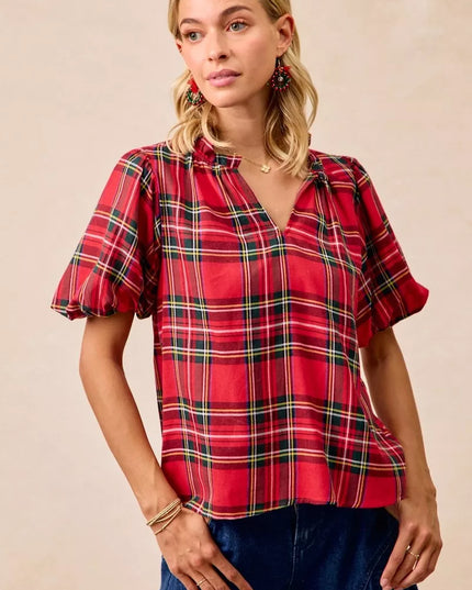 BiBi Christmas Plaid Short Sleeves Ruffled Blouse - Sleekdenim.com