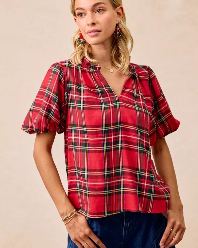 BiBi Christmas Plaid Short Sleeves Ruffled Blouse - Sleekdenim.com
