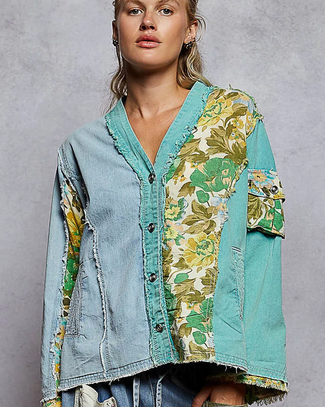 POL Button Down Floral V-Neck Long Sleeve Raw Hem Top - Sleekdenim.com
