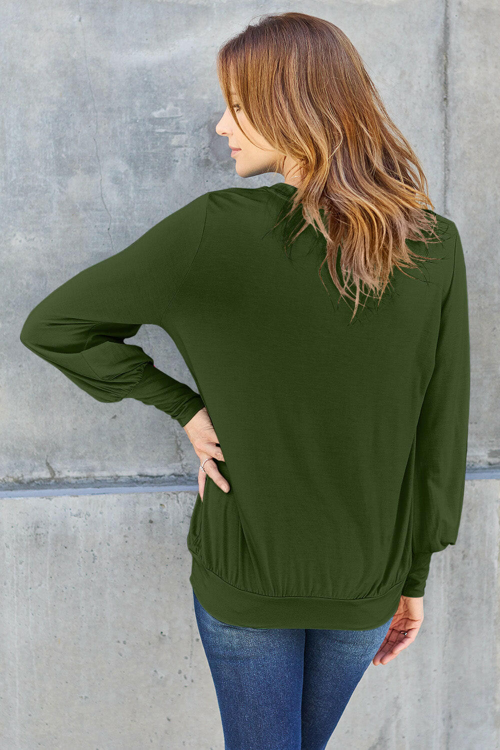 Basic Bae Full Size V-Neck Lantern Sleeve Top Army Green