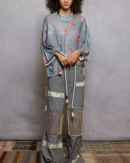 POL Butterflies Pattern Round Neck knit Top with Outseam Rolling Edge - Sleekdenim.com