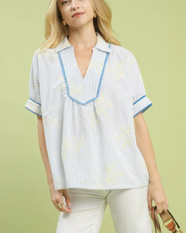 Umgee Striped Embroidered Blouse with Scallop Trim - Sleekdenim.com