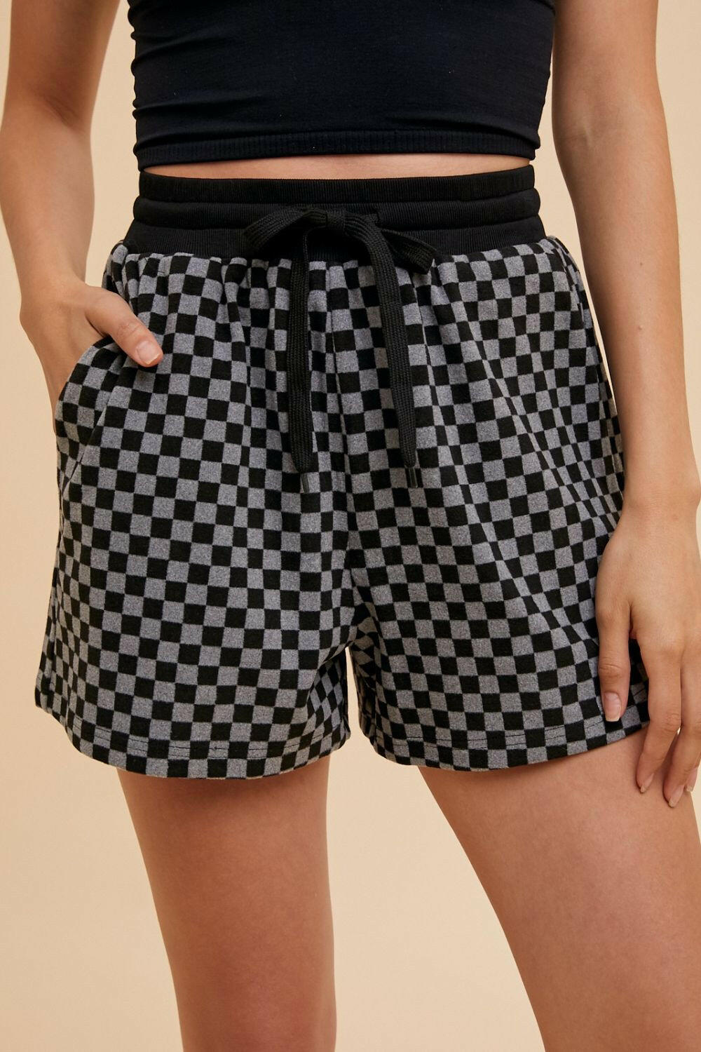 Annie Wear Checkered Round Neck Top and Drawstring Shorts Set Black