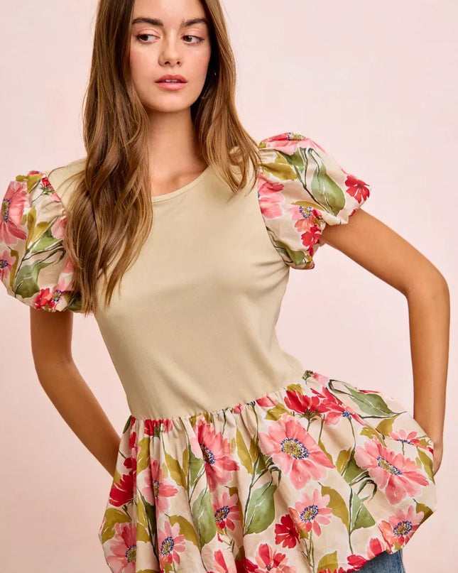 BiBi Floral Printed Bubble Sleeves and Hem Peplum Top - Sleekdenim.com