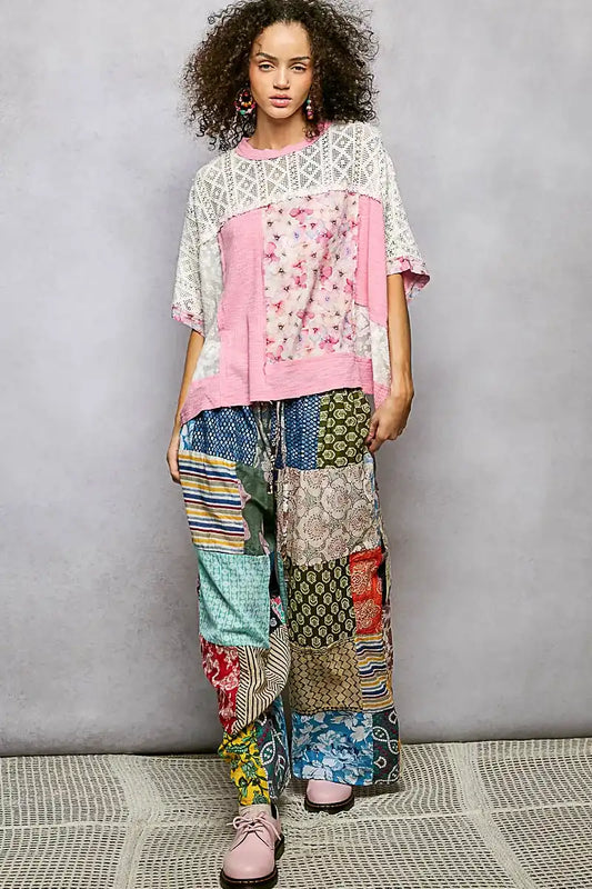 POL Floral Patchwork Lace Accent Blouse - Sleekdenim.com