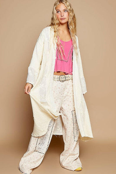 POL Flower Lace Trim Open Front Longline Cardigan | Sleekdenim.com