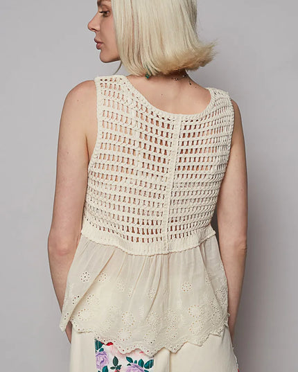 POL Embroidered Detail V-Neck Eyelet Peplum Tank - Sleekdenim.com
