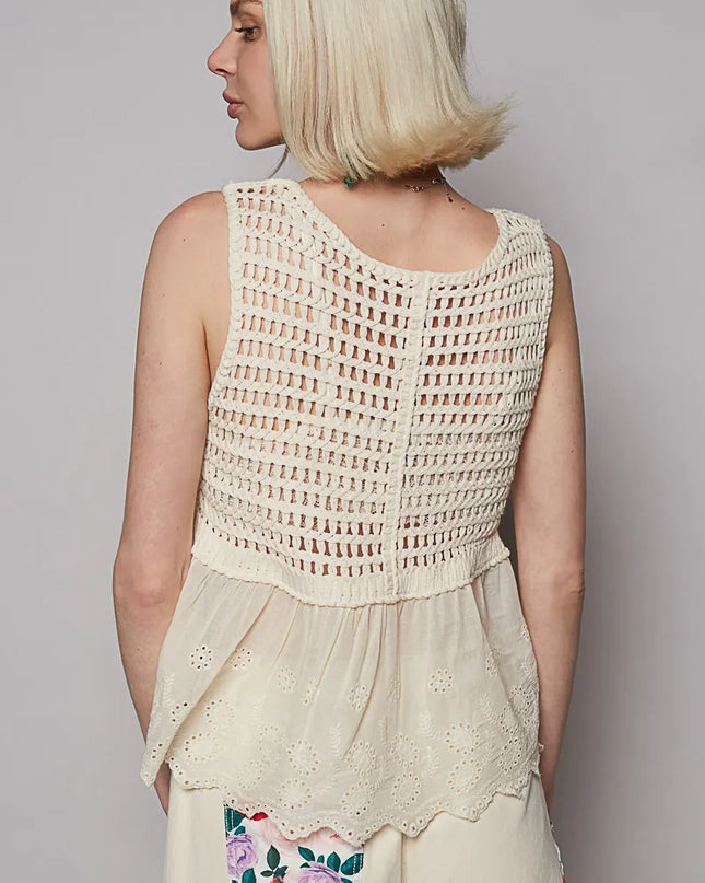 POL Embroidered Detail V-Neck Eyelet Peplum Tank - Sleekdenim.com