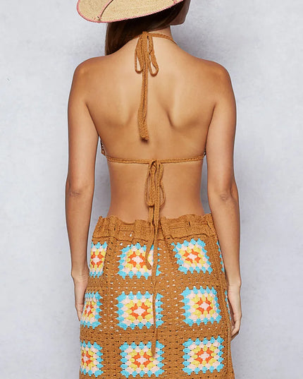 POL Crochet Halter Neck Cami and Skirt Sweater Set - Sleekdenim.com