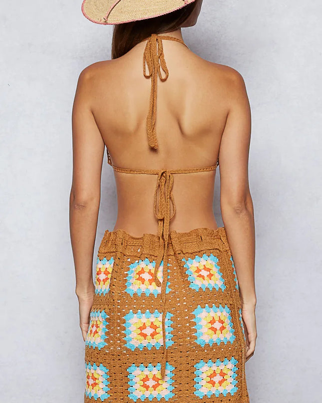 POL Crochet Halter Neck Cami and Skirt Sweater Set - Sleekdenim.com