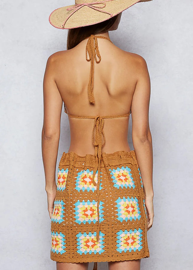 POL Crochet Halter Neck Cami and Skirt Sweater Set - Sleekdenim.com