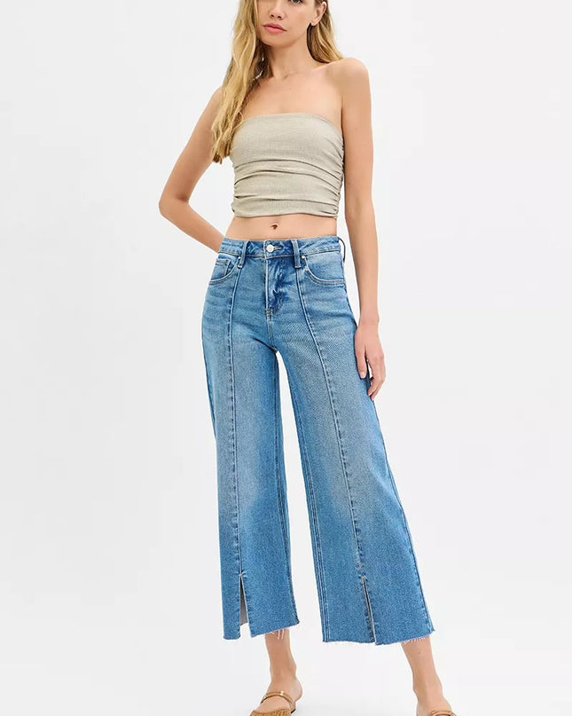 RISEN Tummy Control Mid Rise Crop Wide Front Slit Jeans - Sleekdenim.com
