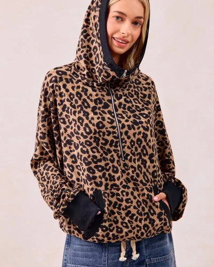 BiBi Leopard Print Waffle Half Zip Up Hoodie W Pocket - Sleekdenim.com