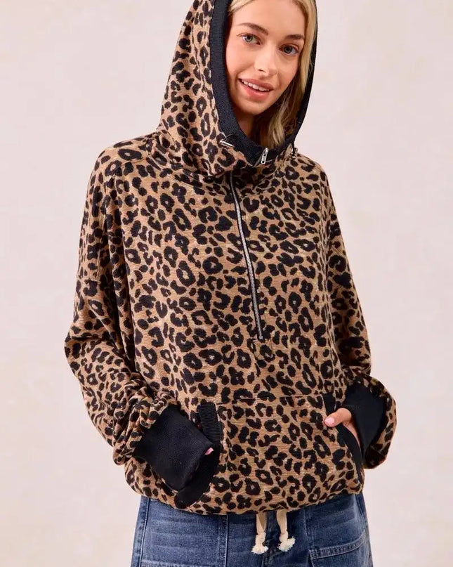 BiBi Leopard Print Waffle Half Zip Up Hoodie W Pocket - Sleekdenim.com
