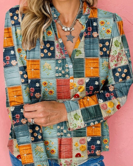 Floral Half Placket Collared V-Neck Blouse - Sleekdenim.com