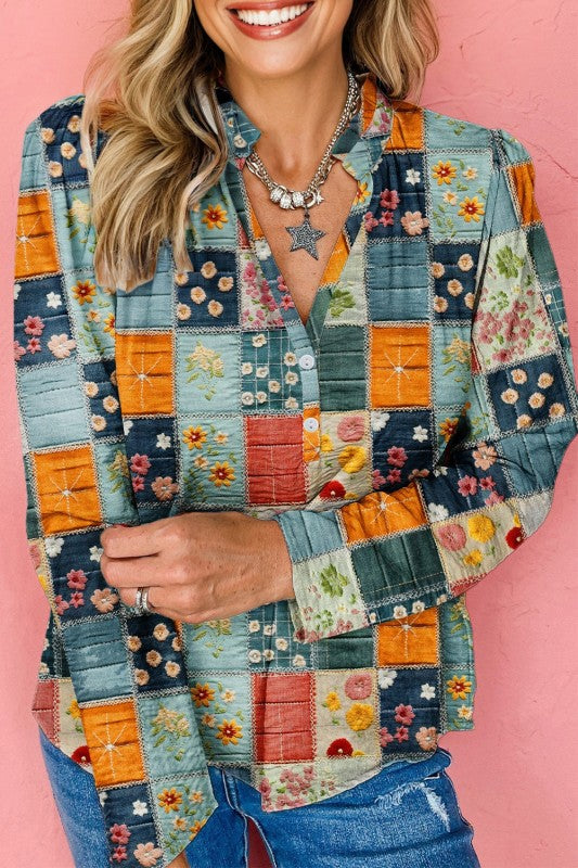 Floral Half Placket Collared V-Neck Blouse - Sleekdenim.com