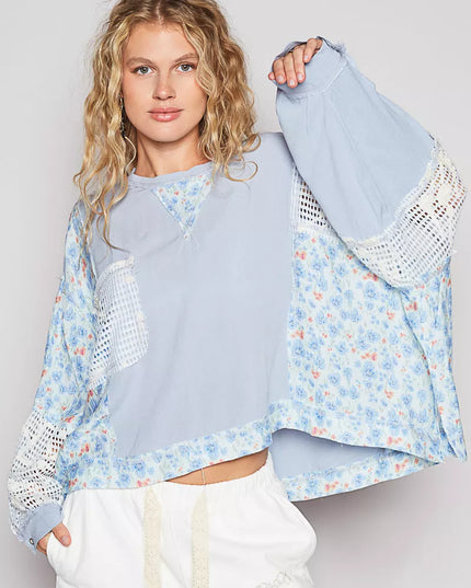 POL Round Neck Cropped Gauze Floral Pattern Top with Overlock Stitch Detail - Sleekdenim.com