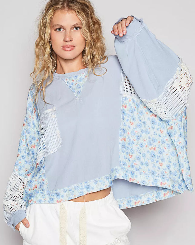 POL Round Neck Cropped Gauze Floral Pattern Top with Overlock Stitch Detail - Sleekdenim.com