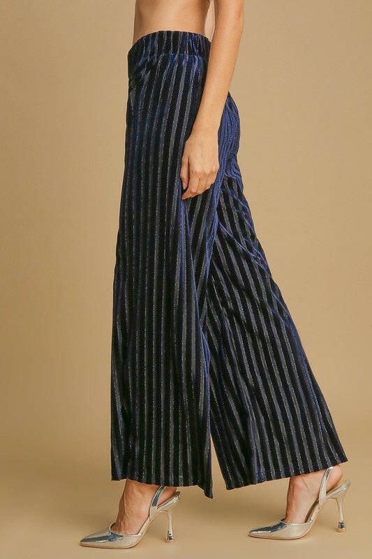 Umgee Full Size Elastic Waist Striped Wide Leg Velvet Pants Navy