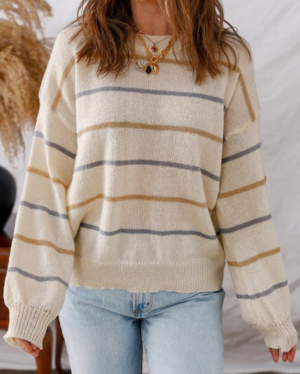 Stripe Ribbed Trim Drop Shoulder Sweater - Sleekdenim.com
