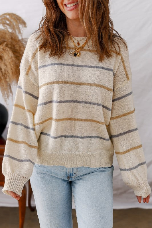 Stripe Ribbed Trim Drop Shoulder Sweater - Sleekdenim.com