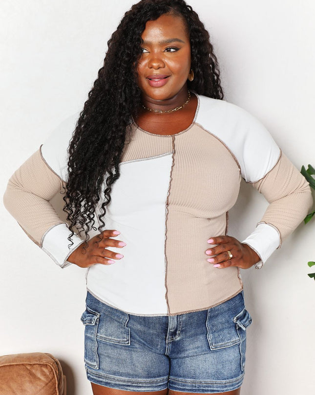 Double Take Color Block Exposed Seam Top - Sleekdenim.com