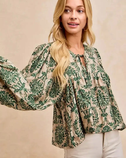 BiBi Printed Woven Front Tied Blouse with Baloon Sleeve - Sleekdenim.com