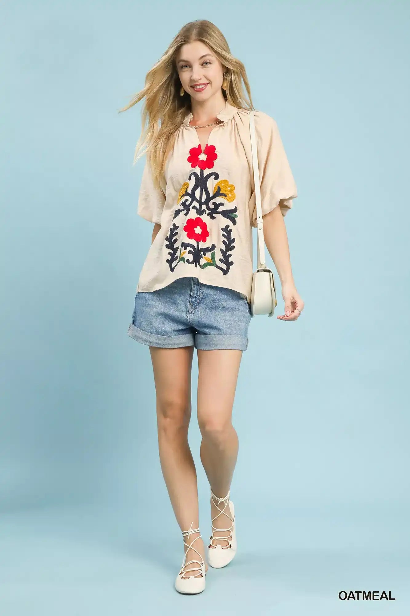 Umgee Embroidered Boho Puff Sleeve Blouse - Sleekdenim.com