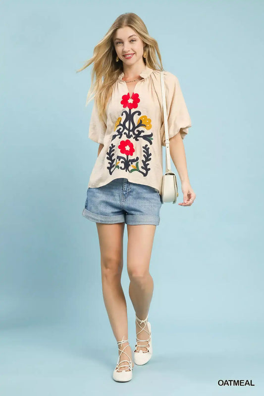 Umgee Embroidered Boho Puff Sleeve Blouse - Sleekdenim.com