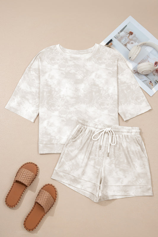 Beige Vintage Tie Dye Bracelet Sleeve Drawstring Elastic Waist 2pcs Short Set - Sleekdenim.com