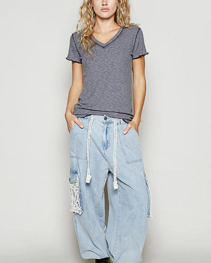 POL V-Neck Short Sleeve Ribbed T-Shirt with Contrast Overlock Stitching - Sleekdenim.com