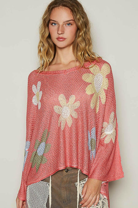 POL Flower Dropped Shoulder Long Sleeve Knit Top | Sleekdenim.com