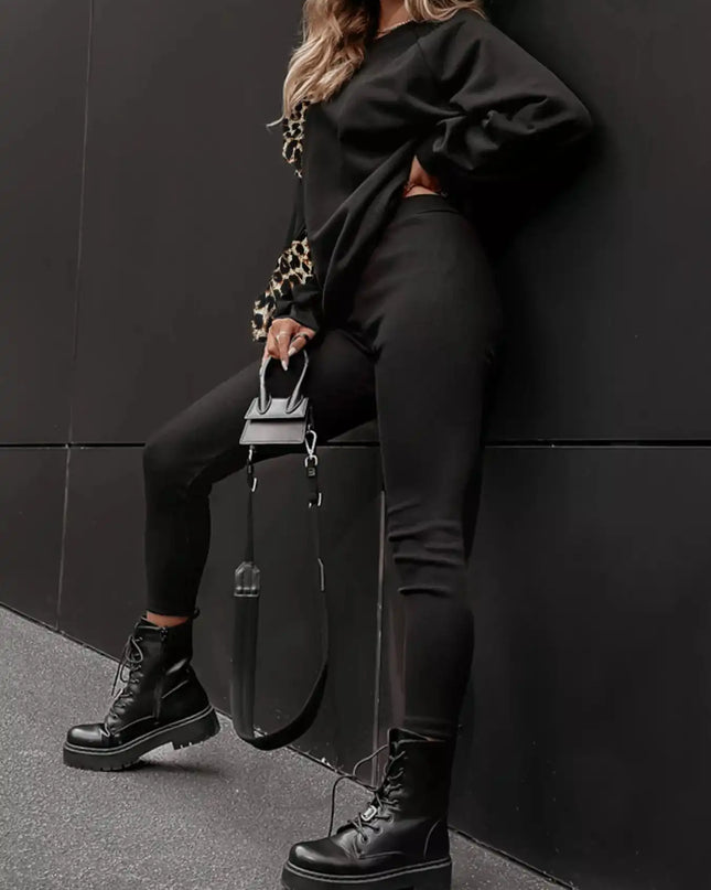 Leopard Trim Top and Pants Set - Sleekdenim.com