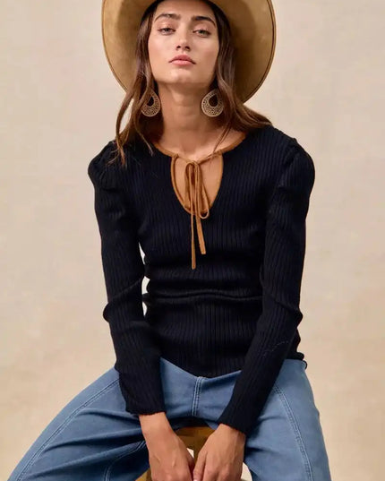 BiBi Ribbed Contrast Front Tied Top with Shrried - Sleekdenim.com