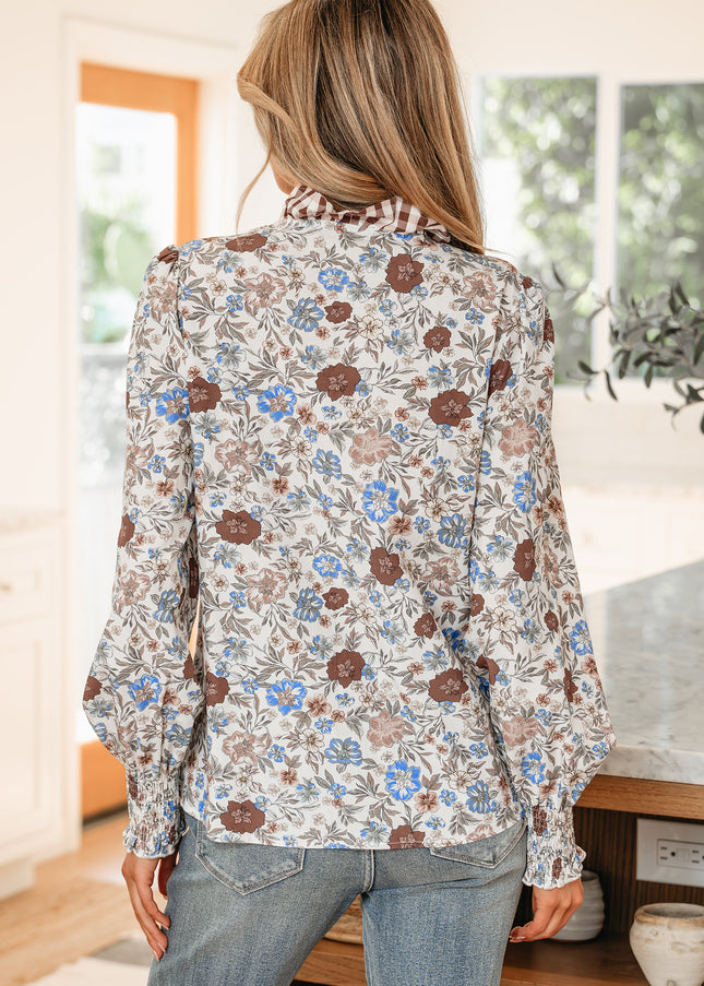 Brown Plaid Frilled Trim V Neck Floral Long Sleeve Blouse - Sleekdenim.com
