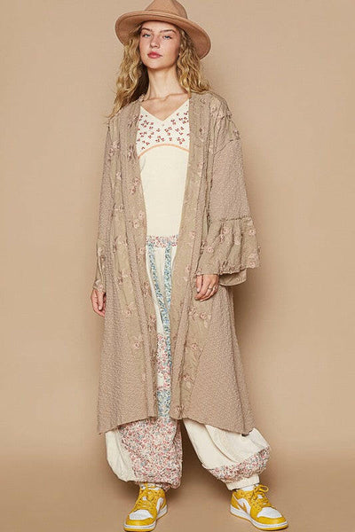 POL Flower Lace Trim Open Front Longline Cardigan Khaki