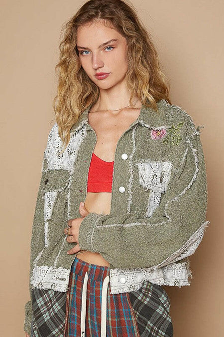 POL Crochet Patch Embroidered Button Up Jacket | Sleekdenim.com